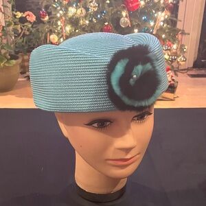 Elegant Turquoise Blue Women's Hat with Black and Turquoise Fur Floral Accent